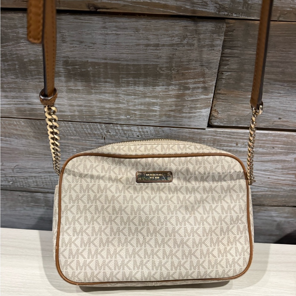 Michael Kors Beige Logo Crossbody with Brown Trim and Gold Hardware - Picture 3 of 8